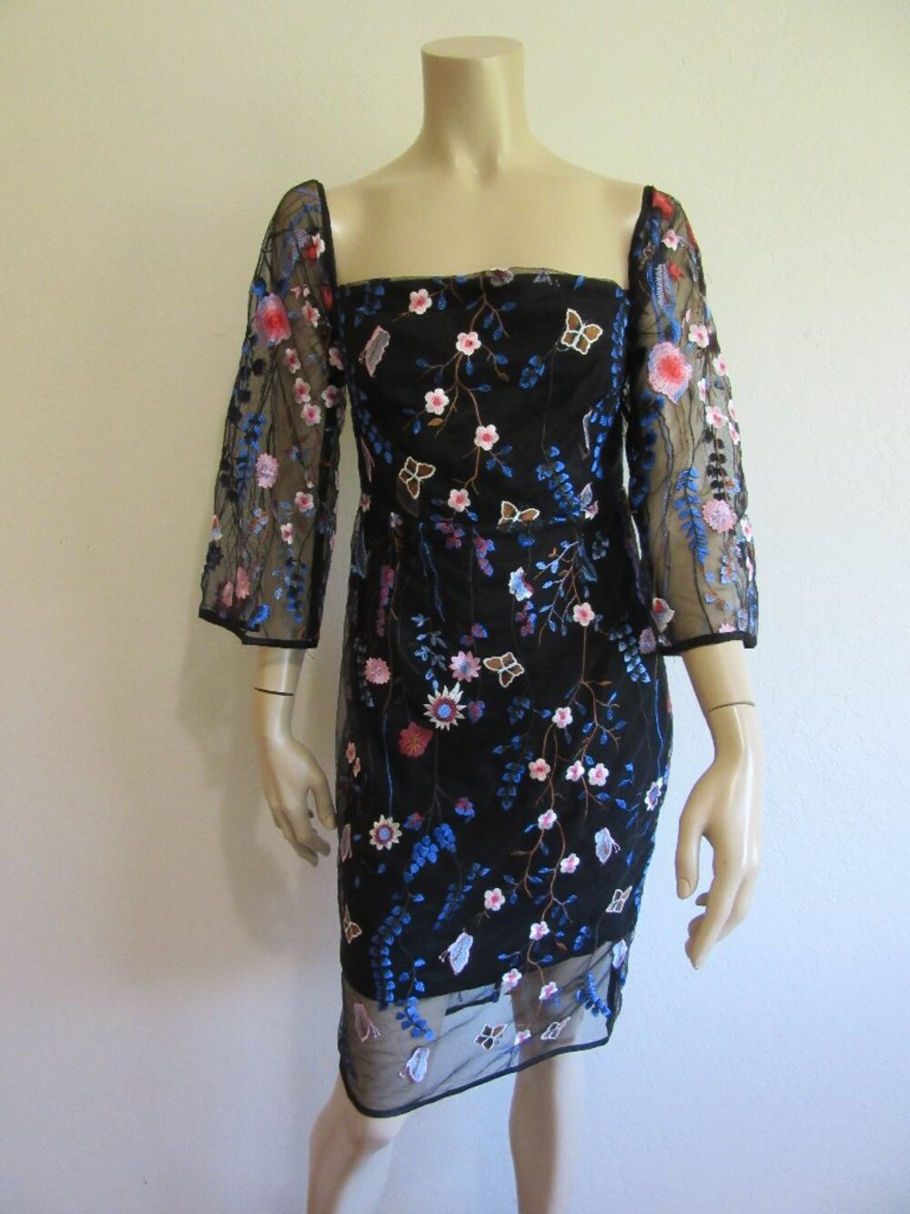 WINONA Black Embroidered Butterflies & Flowers 6 Square Neck Evening Dress